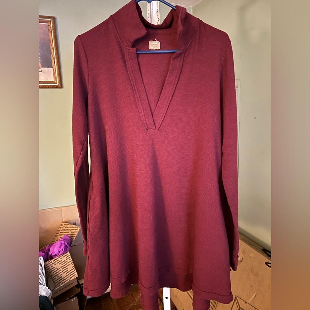 Free People Women's Burgundy Long Sleeve Dress/tunic top